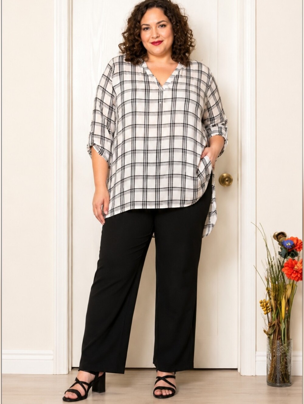 Penningtons Plus Size Black & White Windowpane Tunic Top – 2X